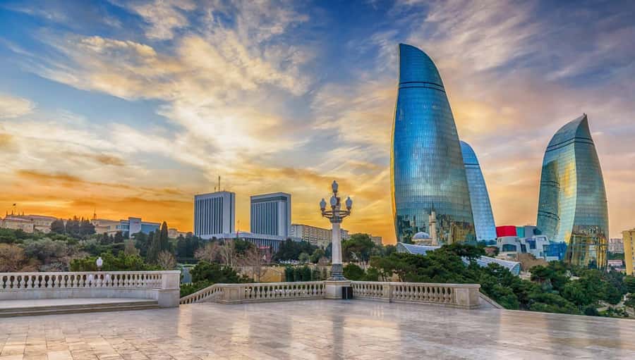The Flame Towers above Baku at sunset